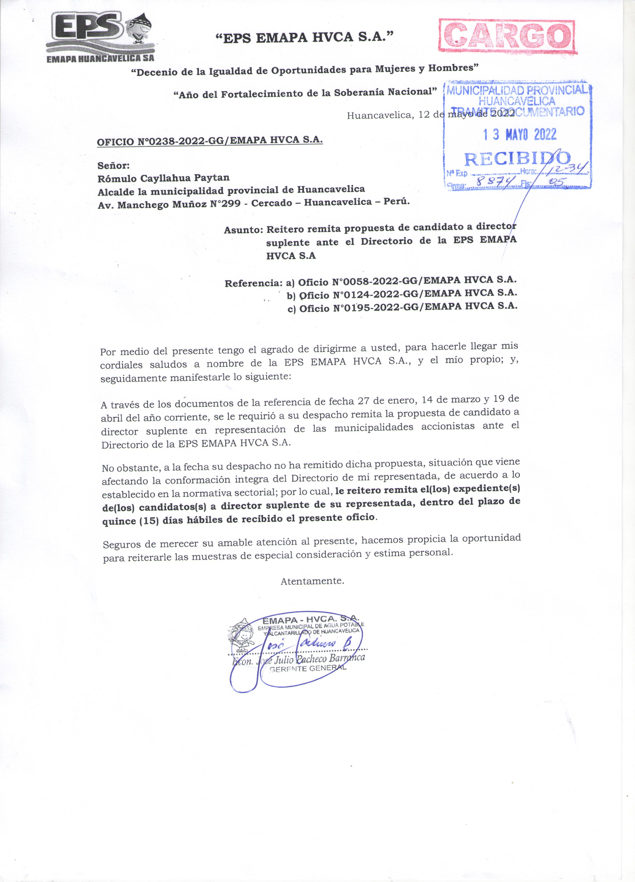 OFICIO Nº0238-2022-GG/EMAPA HVCA S.A.