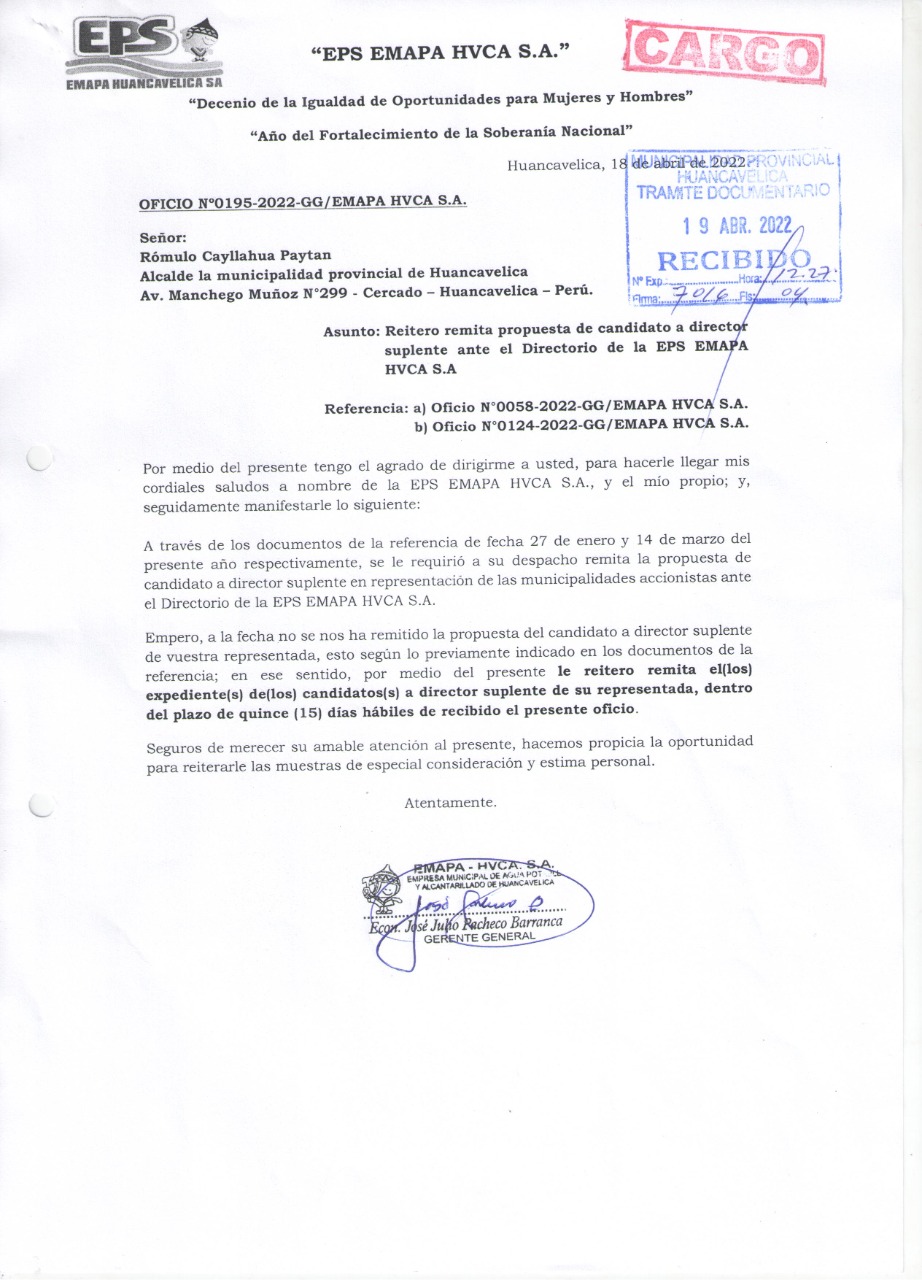OFICIO Nº0195-2022-GG/EMAPA HVCA S.A.